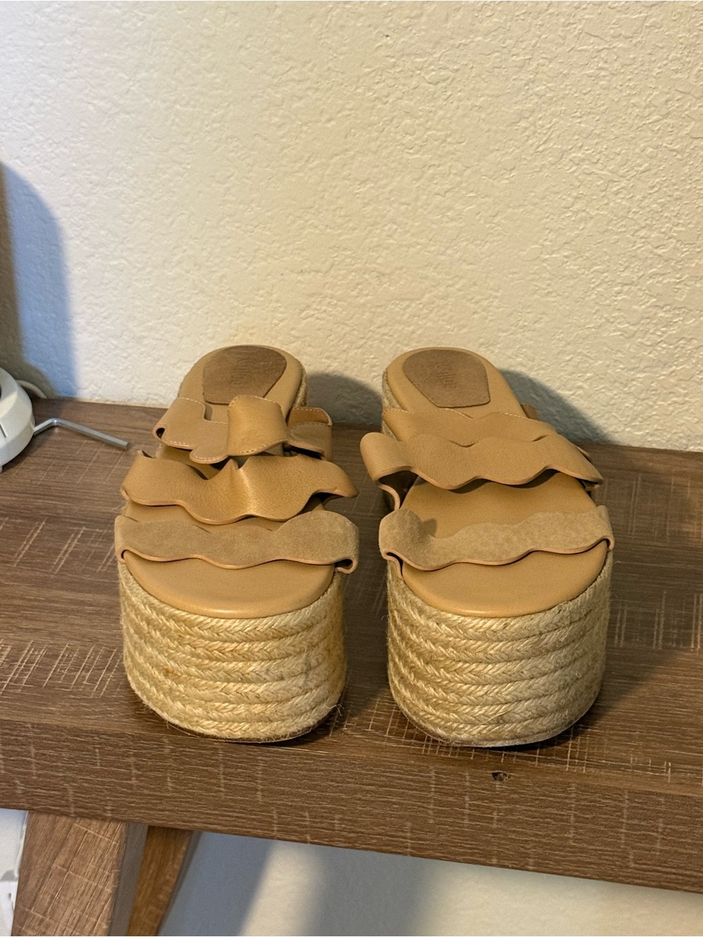 Chloe Tan Ruffle Espadrille Platform Slide Sandals